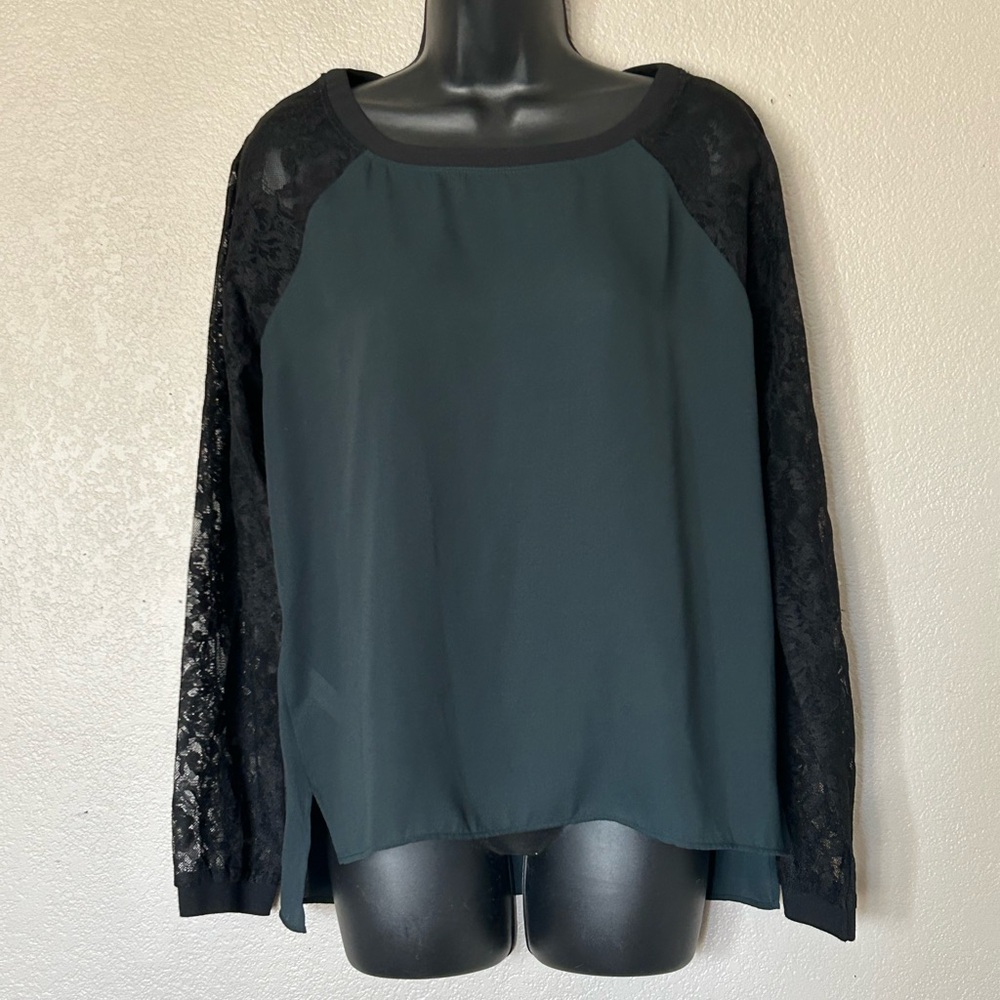 Ann Taylor Loft Petite Lace Sheer Blouse Career Christmas Holiday Green Black